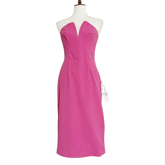 Dress The Population Perla Bright Fuchsia Midi Strapless V-Neckline Dress Size M - Picture 1 of 12